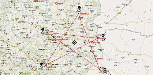 Als men een lijn trekt tussen alle locaties van de vernietigingskampen in de Tweede Wereldoorlog, ontstaat het sinistere beeld van een pentagram. Hieruit blijkt de zieke psychopathische geest van de Cabal die achter de uitvoer van deze gruwelijk agenda zat. De holocaust moet dan ook gezien worden als een satanisch offer op gigantische schaal.